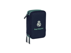 Juego de estuches triples REAL MADRID, 37 piezas, azul marino, piel sintética.