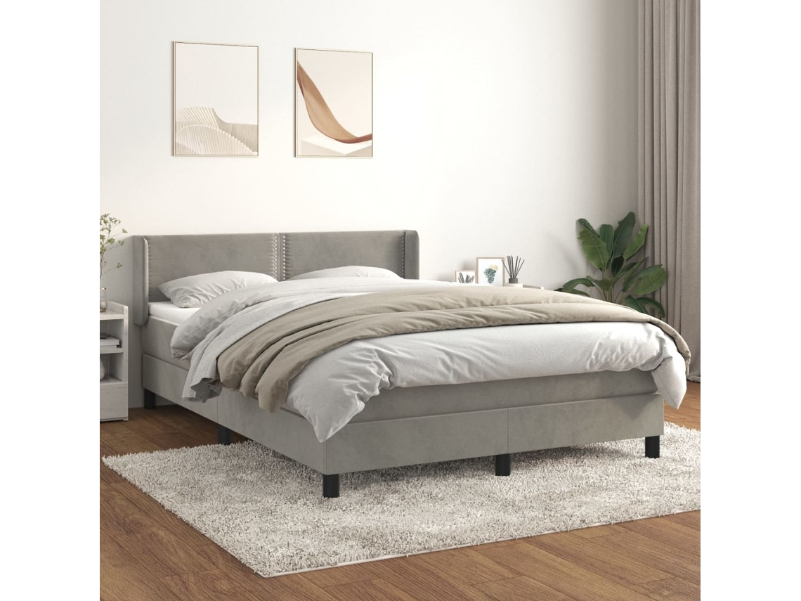 Cama Box Spring Con Colchón Terciopelo Gris Claro 140x190 Cm
