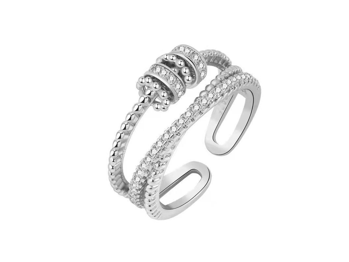 2026-18468-anillo De Acero Inoxidable Ajustable Con Circonita Dorado Multicapa Giratorio Abierto Para Mujer Moda Plata