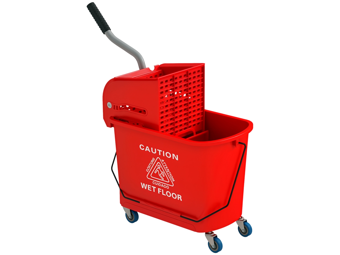 Cubo de 20 litros con fregona, escurridor, asa y ruedas - Plástico rojo