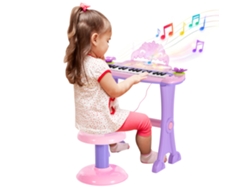 Teclado Eletrônico Infantil 32 Teclas Microfone Banquinho Luzes Karaokê Mp3 Rosa
