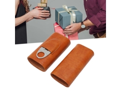 Estuche Portátil Para Puros De 3 Dedos Con Forro De Cedro, Piel Sintética Y Cortador Marrón.