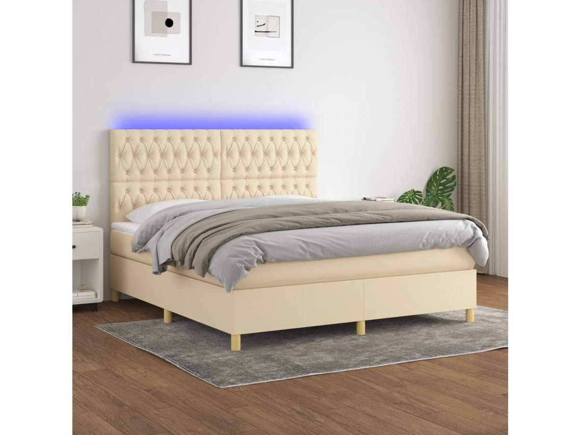 Cama Box Spring Colchón Y Luces Led Tela Crema 160x200 Cm