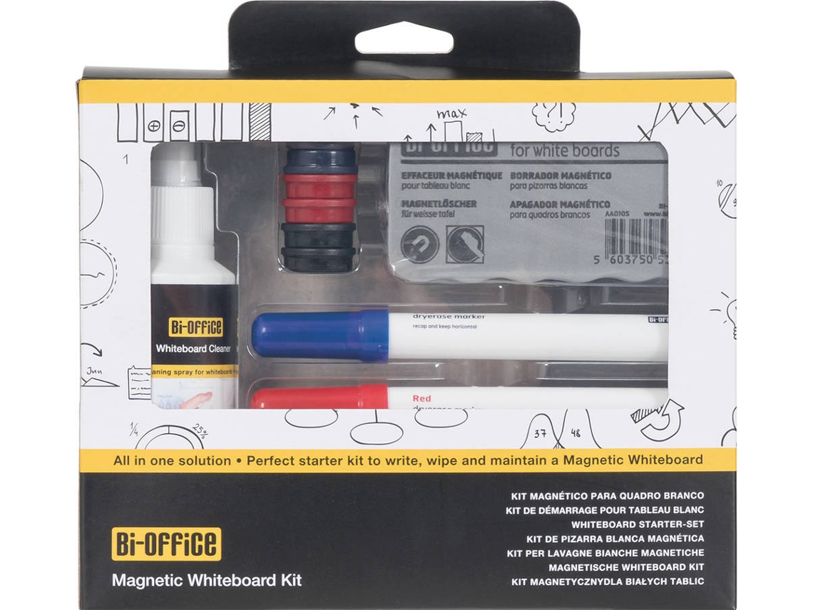 Kit de Accesorios para Pizarra BI-OFFICE KT1010 4 Marcadores, Spray Limpiador, 6 imanes y Borrador Magnético