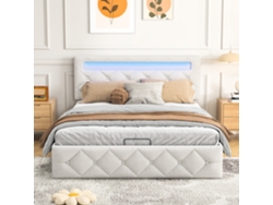 Cama De Almacenamiento Led Hidráulica, 160x200 Cm, Cabecero Ajustable En 2 Alturas, Tapizada En Terciopelo Albaricoque, Luz Rgb App