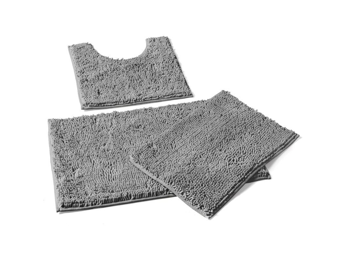 Juego De 3 Alfombrillas De Baño Antideslizantes De Pelo Largo En Color Gris.