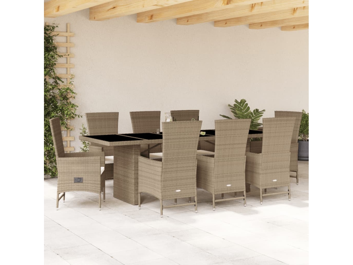 Juego de comedor de jardín de 9 piezas con cojines, mimbre sintético beige, DKD Home Decor