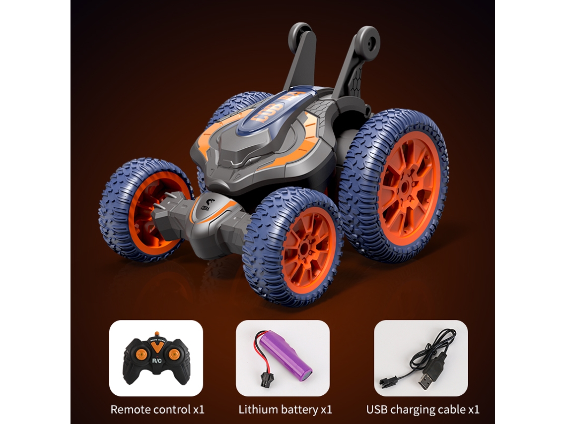 Coche acrobático teledirigido con luces LED, control remoto plegable, estilo Cobra, giros 3D y conducción bidireccional. Juguete naranja para niños. Aeuzwr