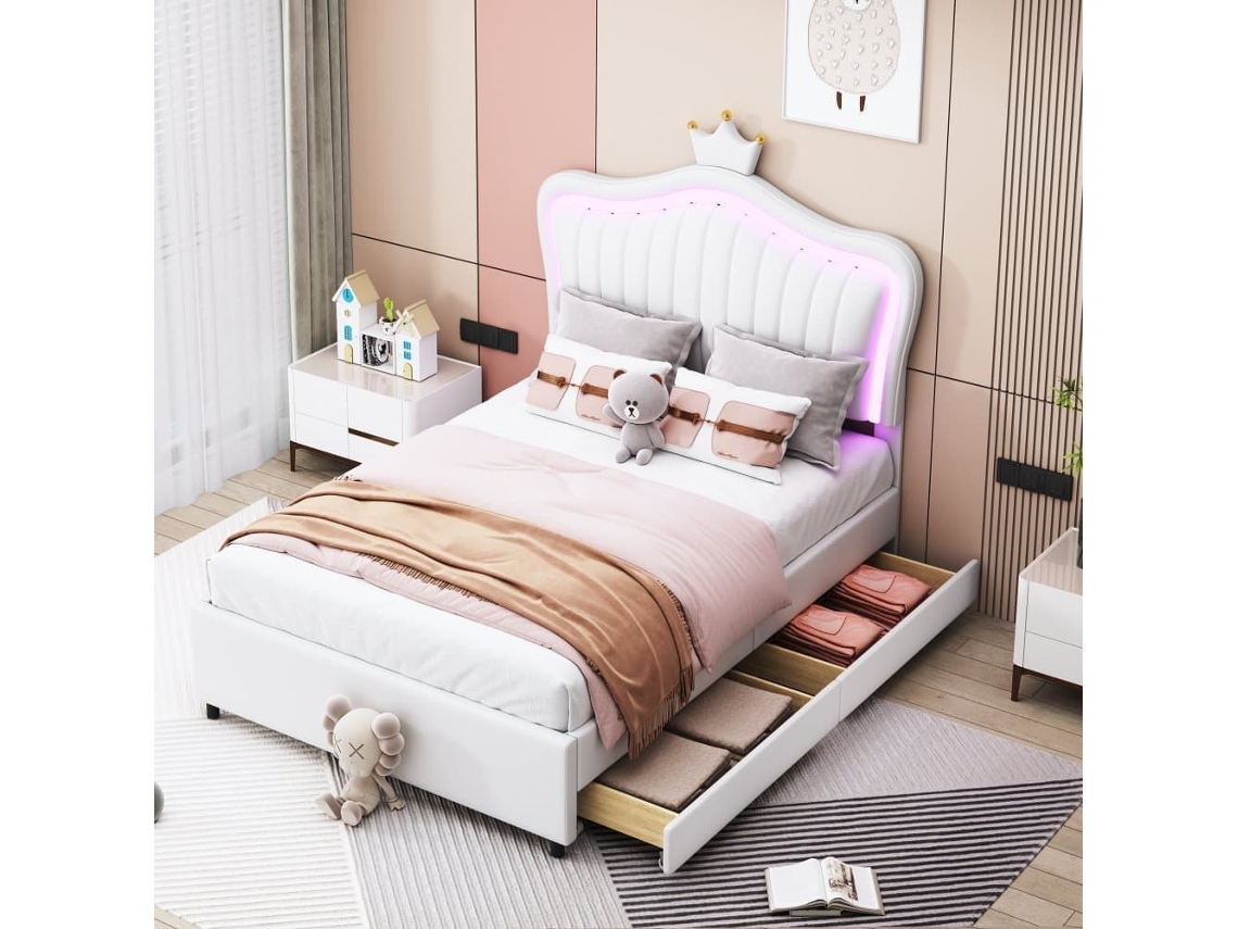 Cama Infantil 90x200 Cm - Cama Individual De Princesa Blanca Pu Con Almacenamiento, Luces Led, Somier Y Respaldo