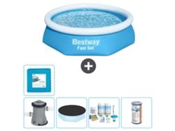 Piscina hinchable redonda Fast Set BESTWAY - 244 x 61 cm - Azul - Bomba incluida Cubrir - Paquete de mantenimiento - Filtrar - Baldosas