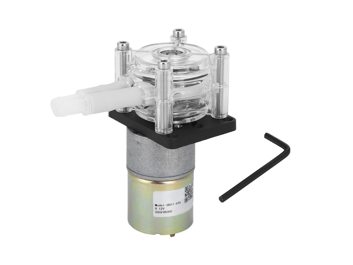Bomba peristáltica autocebante, cuerpo de acero inoxidable, cabezal de policarbonato transparente, motor de 12 V CC, anticorrosión, dosificadora.