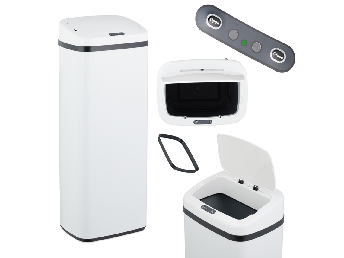 Relaxdays Cubo De Basura Cocina Con Sensor, 50 L, Tapa Eléctrica, Soporte Para Bolsas, Papelera Automática, Blanco
