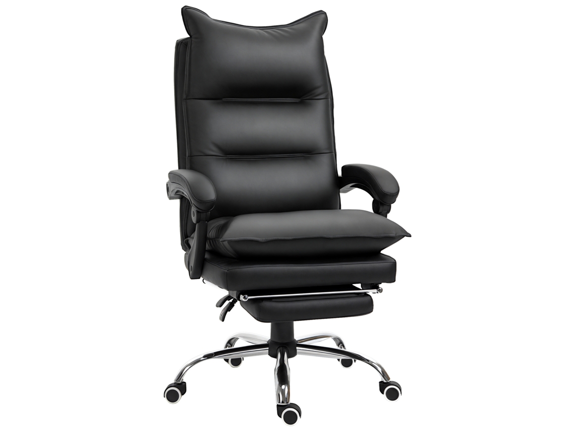 Silla de oficina ergonómica con reclinación de 155°, reposapiés, piel sintética, altura ajustable y rotación de 360°, color negro.