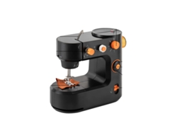 Mini máquina de coser, diseño portátil, opciones de costura versátiles, color negro.