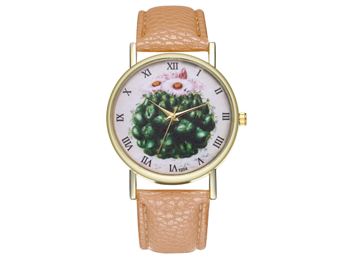 Reloj De Pulsera Unisex De Cuarzo Zhoulianfa Con Correa De Piel Sintética Con Estampado De Cactus Beige.