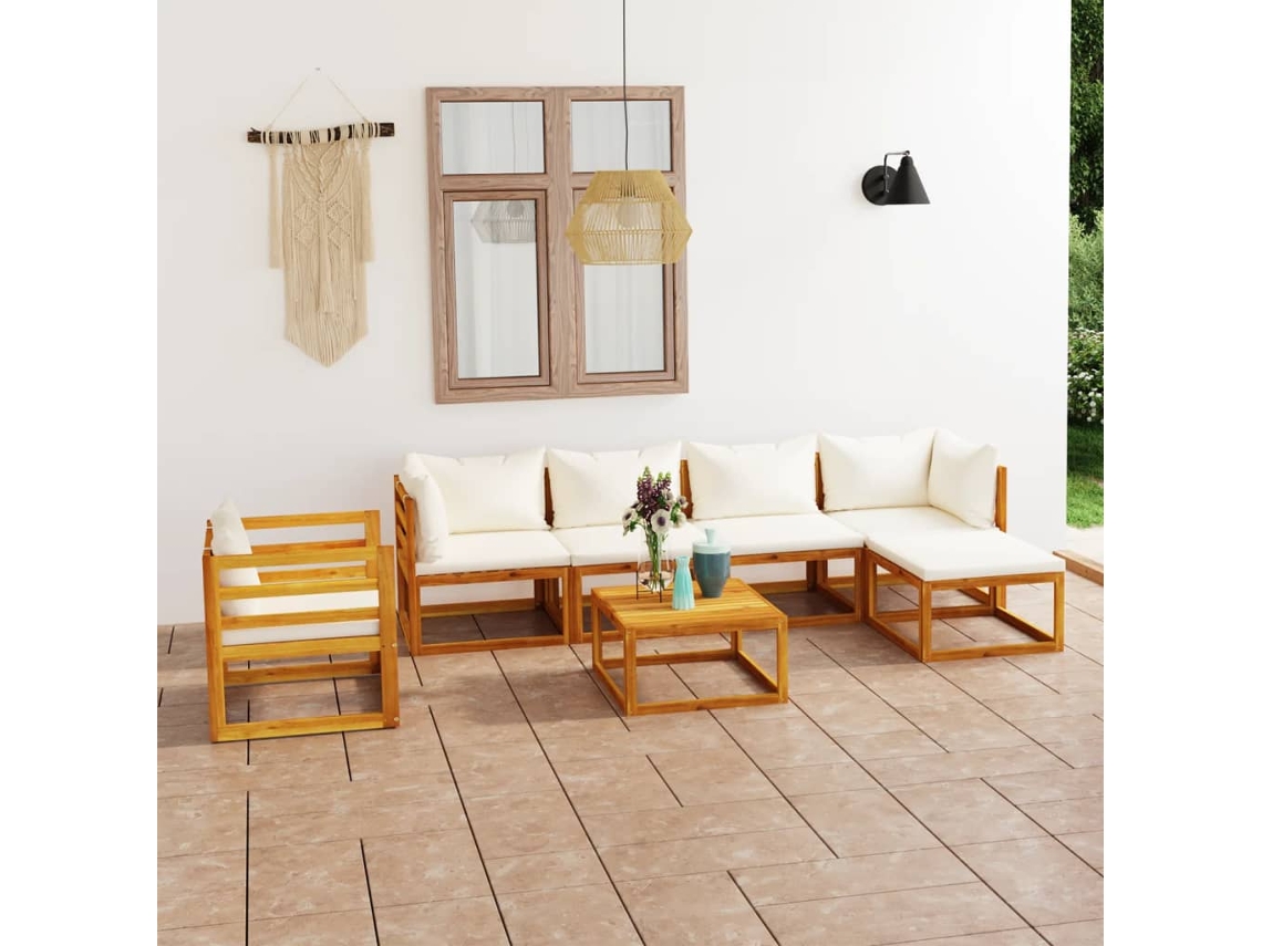 7 Piezas Conjunto Lounge Jardim C/ Almofadões Acácia Maciça Creme Dkd Decoración Del Hogar