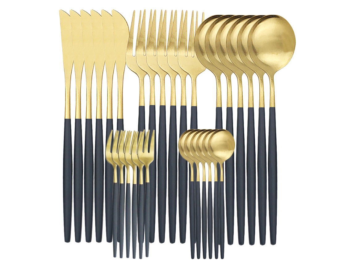 (oro Negro) Juego De 30 Cuchillos, Tazas Y Cucharas De Acero Inoxidable Mate