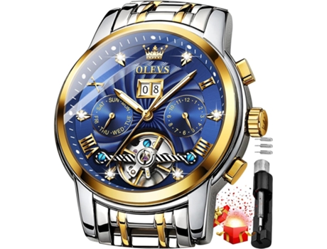VEANXIN Reloj automático de acero inoxidable Tourbillon hueco mecánico con diamantes dorados para hombre(ORO-AZUL)