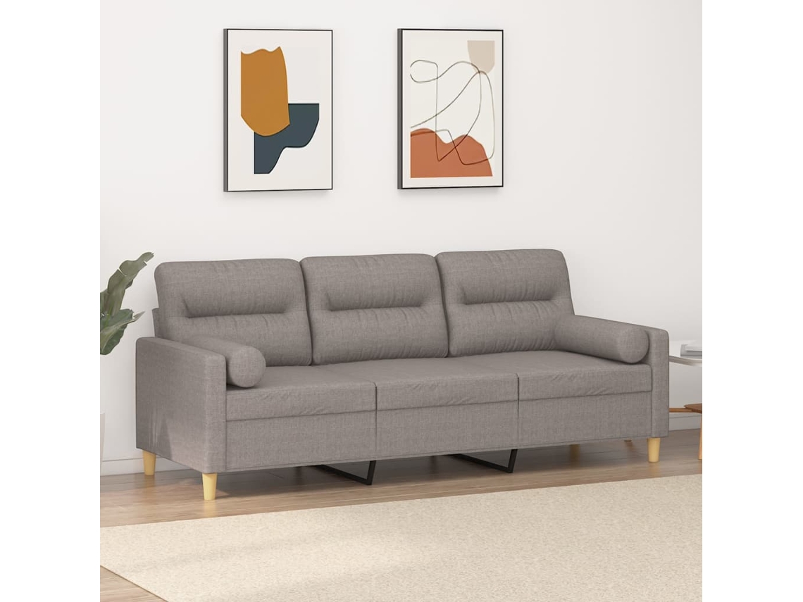 Sofá De 3 Plazas Con Cojines Tela Gris Taupe 180 Cm