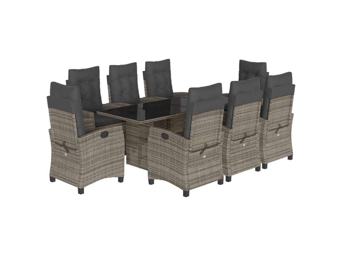 Juego de 9 piezas de comedor de jardín con cojines de mimbre, gris, EXCLUSIVA MAISON