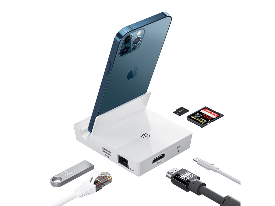 Estación de acoplamiento Bestvite RJ45 con conector Lightning HD para accesorios de Apple, iPhone 12, 11 y 8, iPad, base universal blanca
