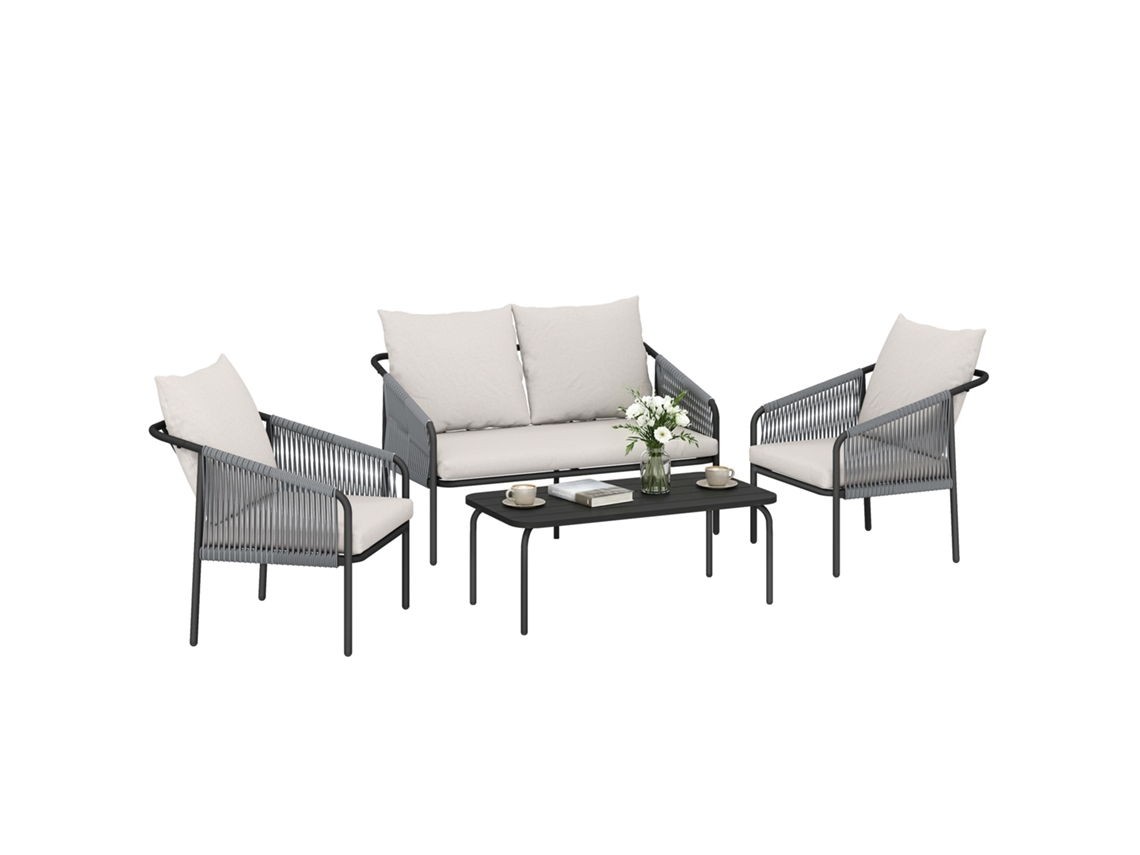 Conjunto De Jardín De Ratán De 4 Piezas: Sofá, Sillones Y Mesa Color Caqui.