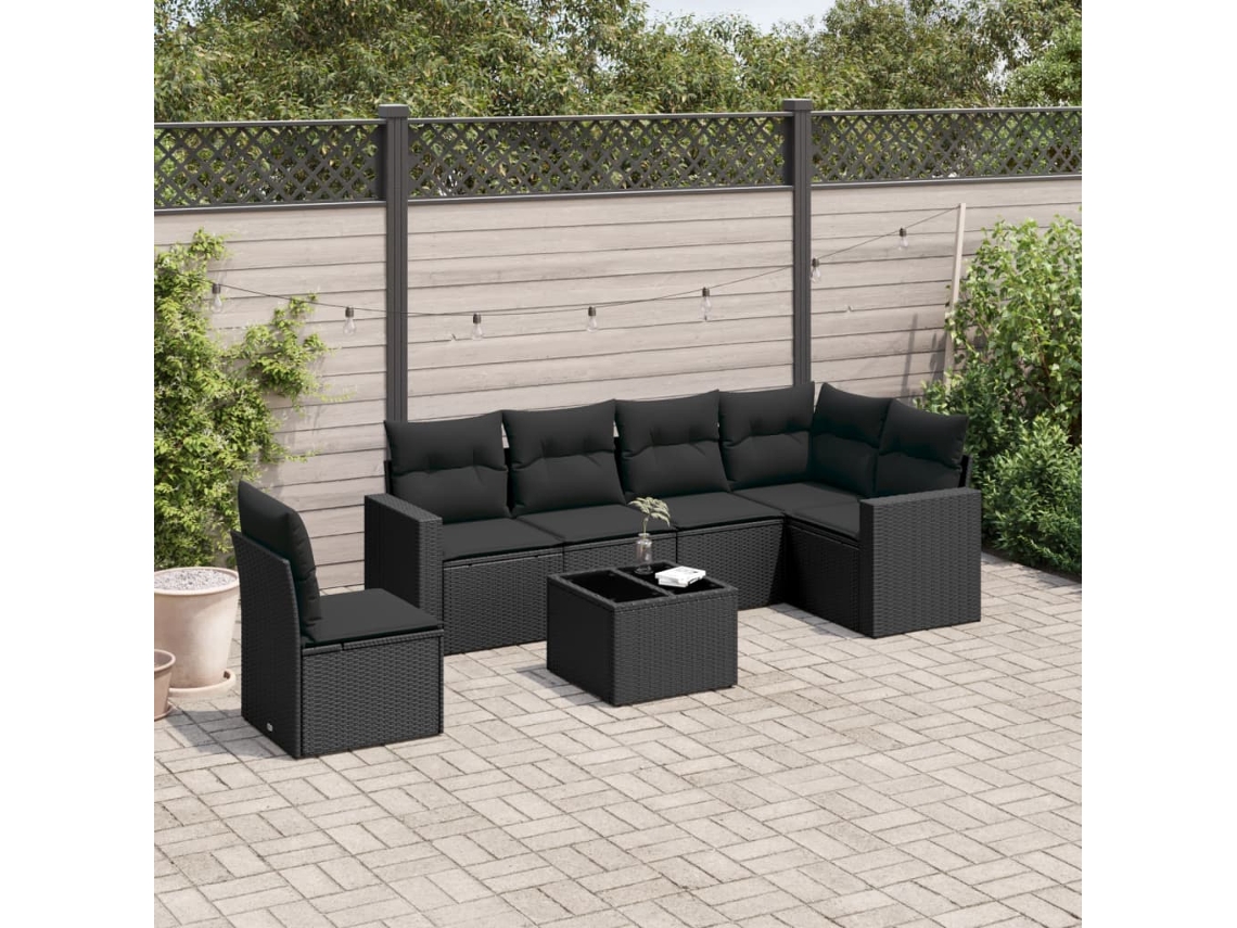 Conjunto de sofá de jardín de 7 piezas con cojines, ratán negro, Dkd Home Decor