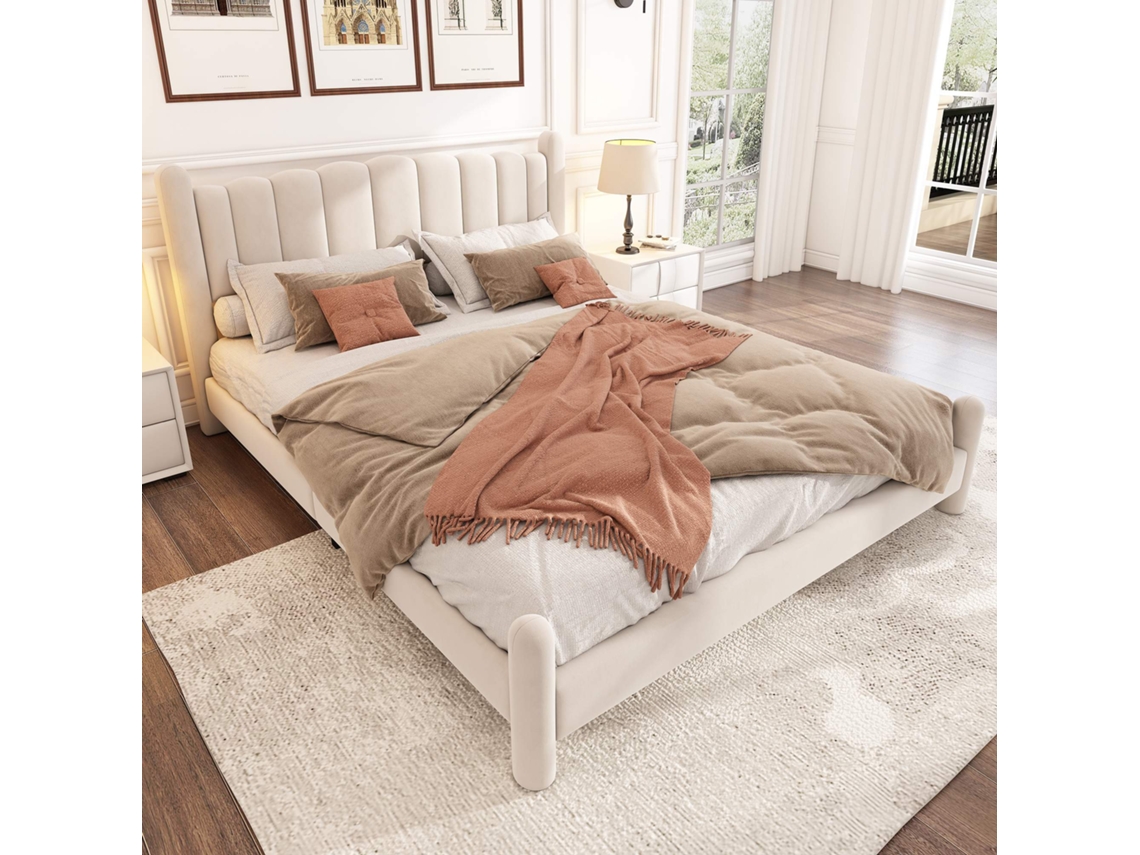 Cama Polster 180x200 Cm - Cabecero En Forma De Abanico, Patas Cilíndricas, Con Somier - Terciopelo Beige