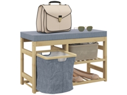 Zapatero móvil de bambú con asiento, cesta extraíble y estantes abiertos para 4 pares de zapatos, 69x30x45 cm, Madera