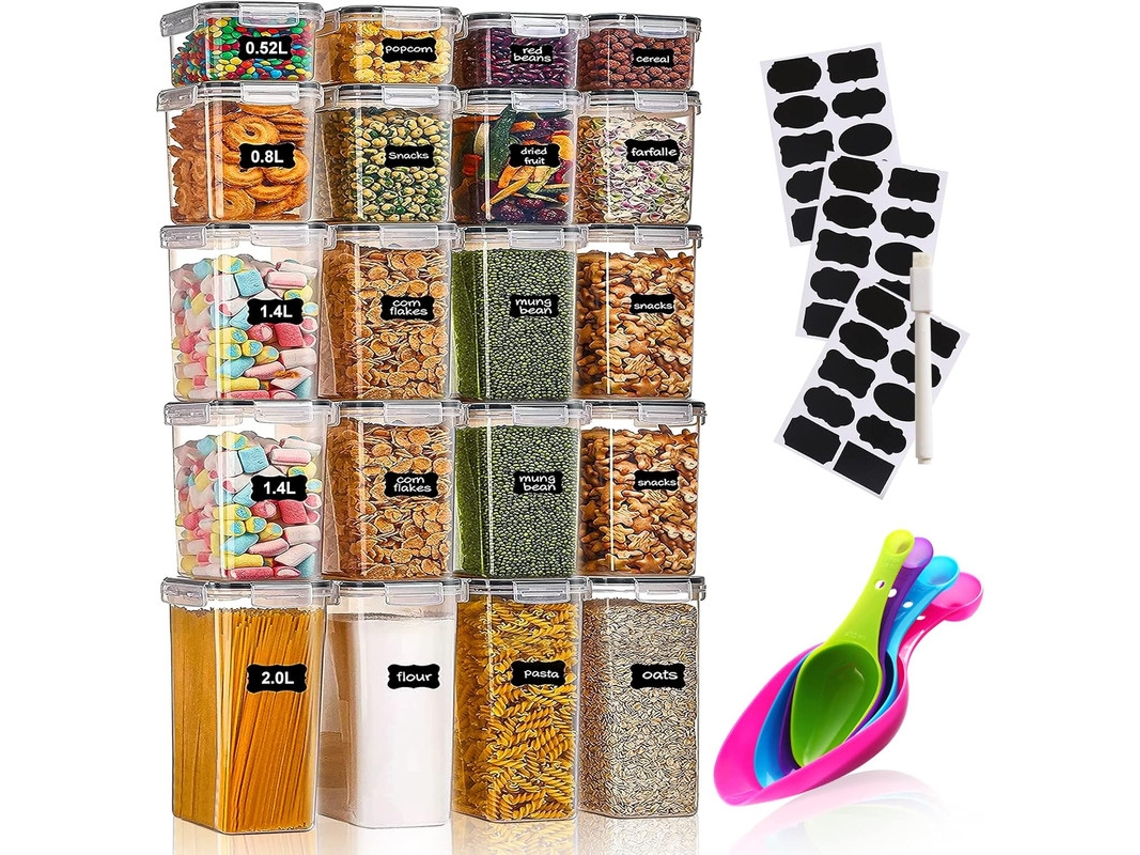 Juego de 20 tarros de almacenamiento, cajas herméticas con tapas, etiquetas negras y bolígrafos, 5 cucharas incluidas Jortmrd