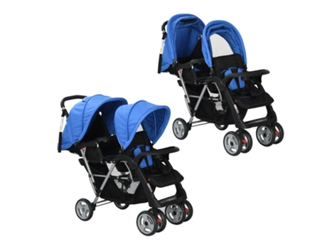 vidaXL Carrito para dos bebés tandem azul y negro de acero