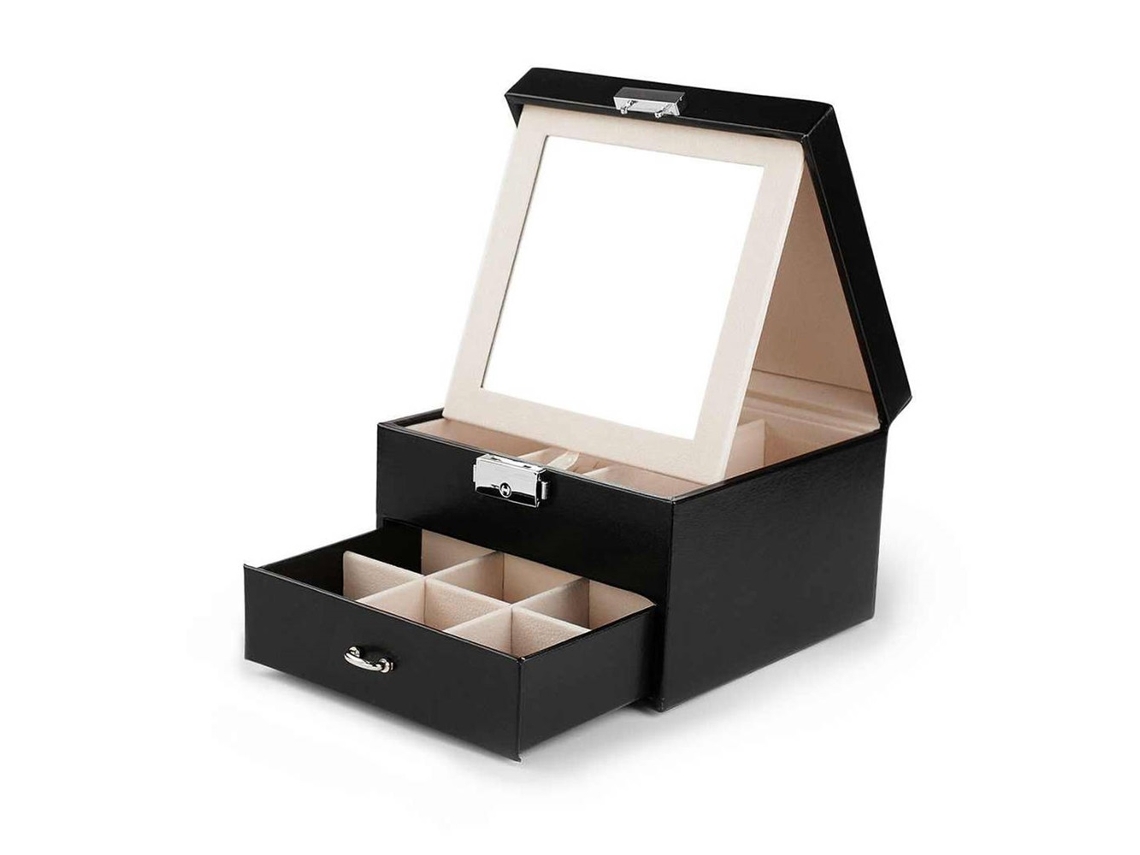 Elegante organizador de joyas negro con espejo y cajón de almacenamiento Ecarla