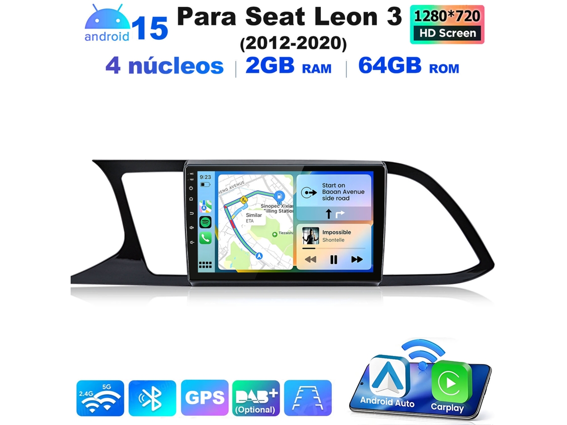 Hexinex Radio Para Coche Android 15 De 9" – 2 Gb + 64 Gb, Quad-core, Wifi – Para Seat León 3 (2012–2020) – Carplay