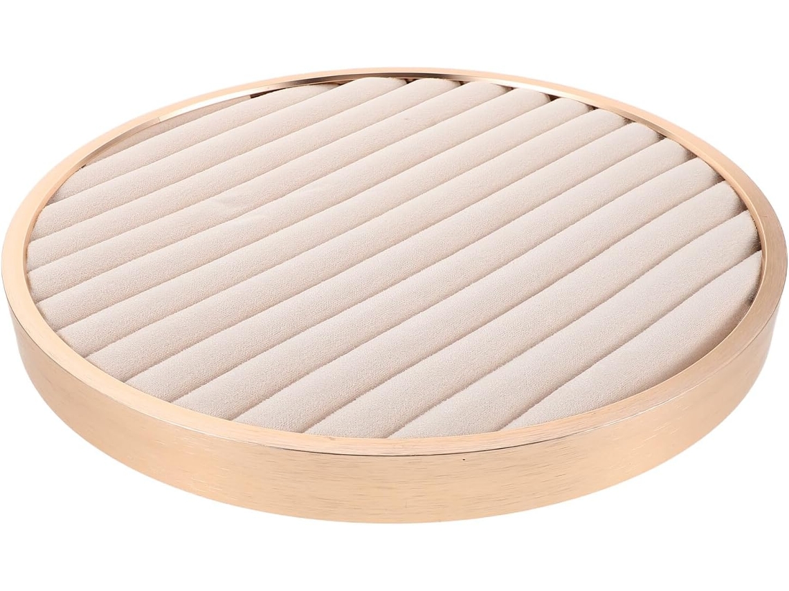 Bandeja Redonda De Metal Y Terciopelo Beige, Organizador De Joyas Multifuncional Para Anillos Y Collares.