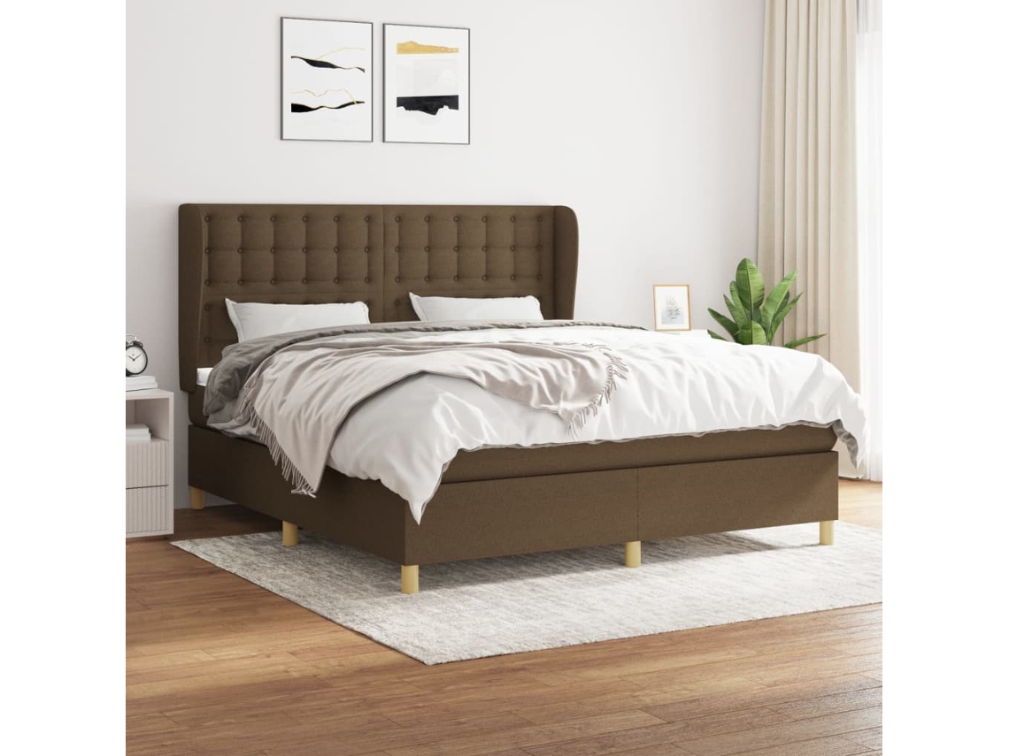 Cama Box Spring Con Colchón Tela Marrón Oscuro 180x200 Cm