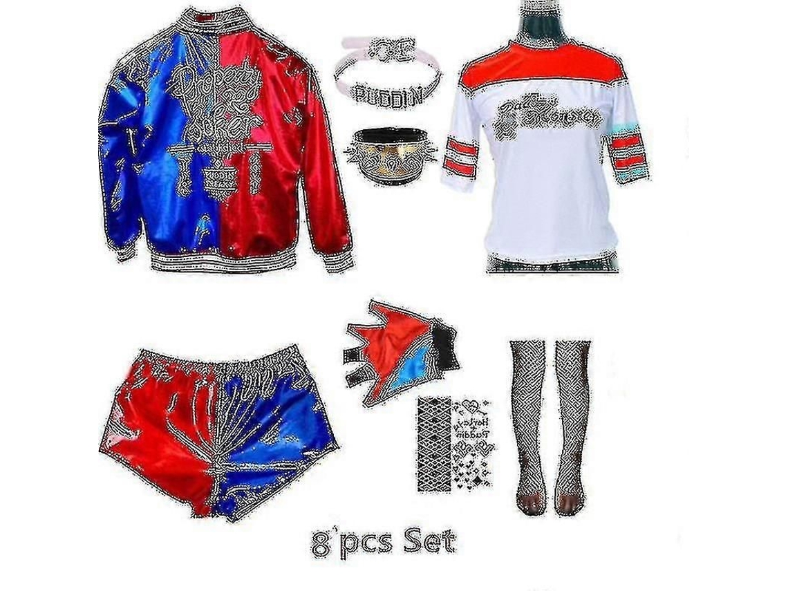 Traje De Harley Quinn Para Mujer, Conjunto De 8 Piezas Com Camiseta, Jaqueta, Pulseiras, Cinto E Peruca, Fantasia De Halloween E Festas