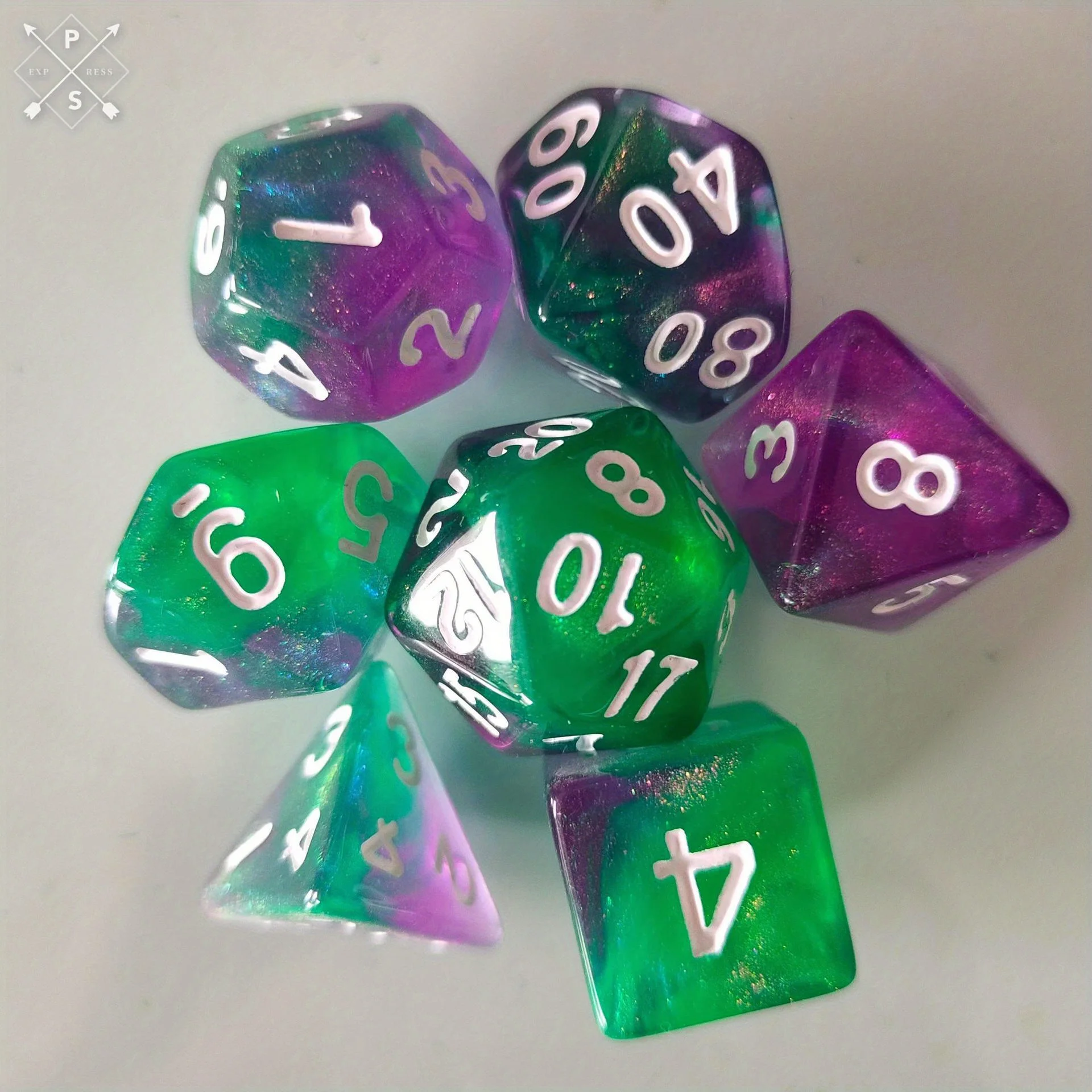 Juego De 7 Dados De Dragón Bicolor (morado Y Verde), Juego De Mesa Clásico.