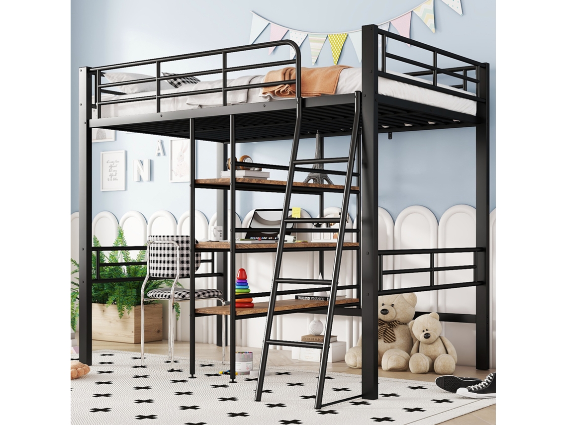 Cama Alta De 90x200 Cm Con Escritorio Y Estantes, Estructura Metálica, Colchón No Incluido, Color Negro.