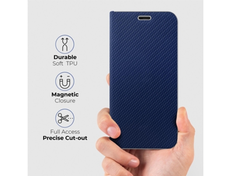 Funda tipo cartera MOOZY para iPhone 12 / iPhone 12 Pro en carbono azul oscuro - Protección de borde metálico con cierre magnético y soporte para t...