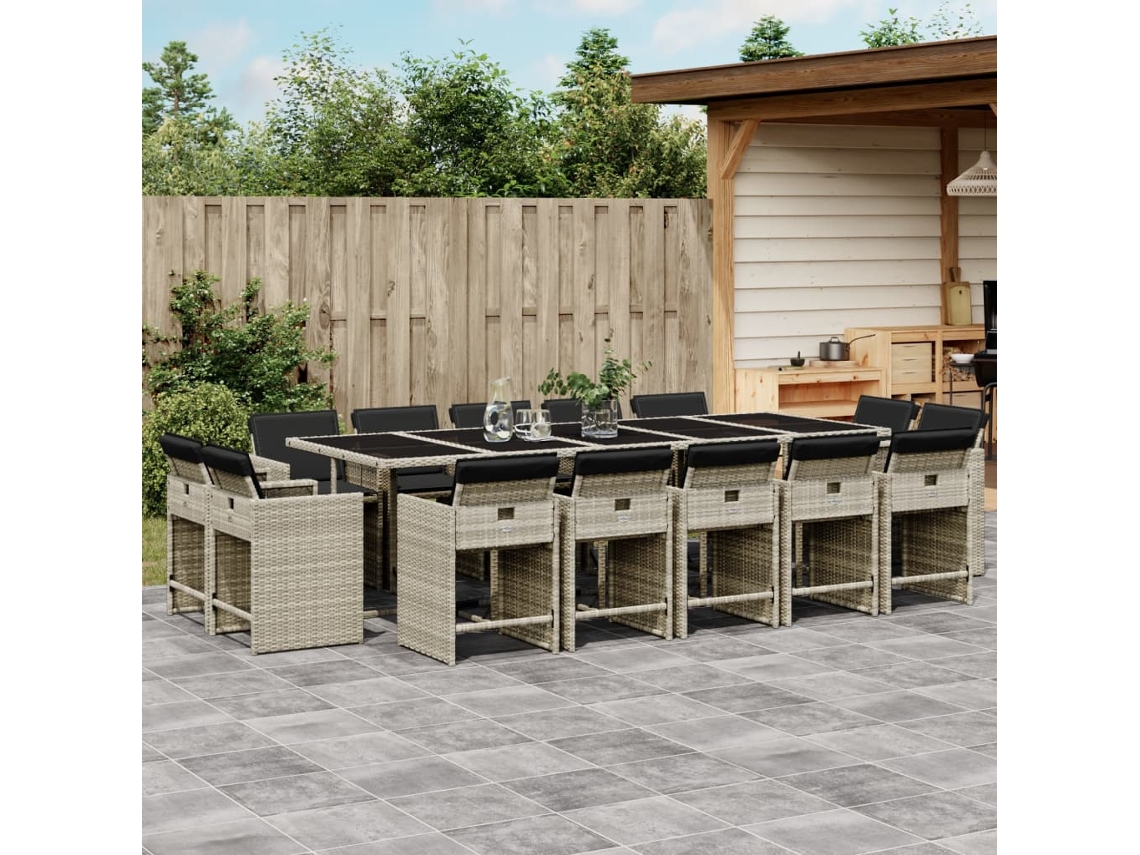 Conjunto 15 Peças Jantar Jardim C/ Almofadões Vime Pe Cinzento Claro Dkd Home Decor