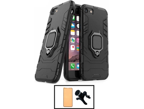 Kit Carcasa 3X1 Military + Protector de Pantalla CeramicGlass + Soporte iPhone SE 2022 PHONECARE Negro