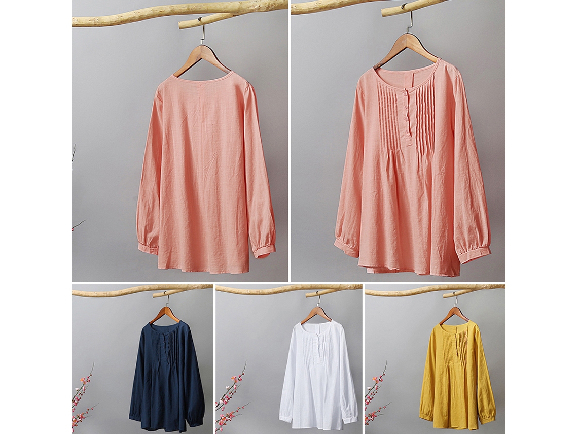 Blusa Informal De Algodón Para Mujer, Manga Larga, Cuello Redondo Y Corte Holgado Con Botones - Top De Verano