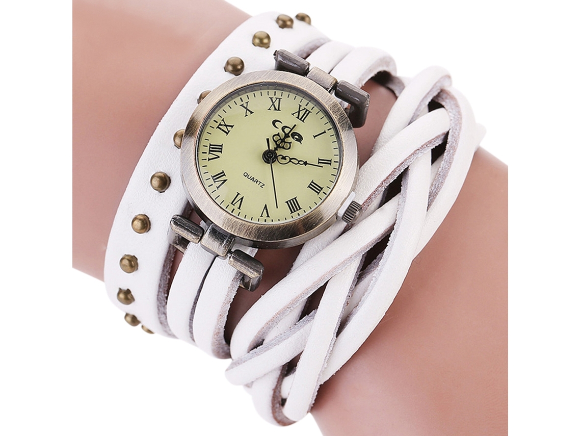 Reloj De Pulsera Unisex Estilo Retro Punk Con Remaches Multicapa, Movimiento De Cuarzo De Aleación De Pu, Color Blanco.