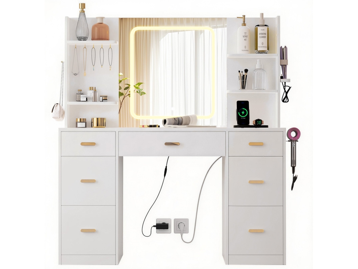 Tocador | Tocador Con Espejo Y Luz Led | Intensidad Regulable | 7 Cajones | 4 Estantes Y 5 Ganchos | Tocador Con Espejo Para Dormitorio