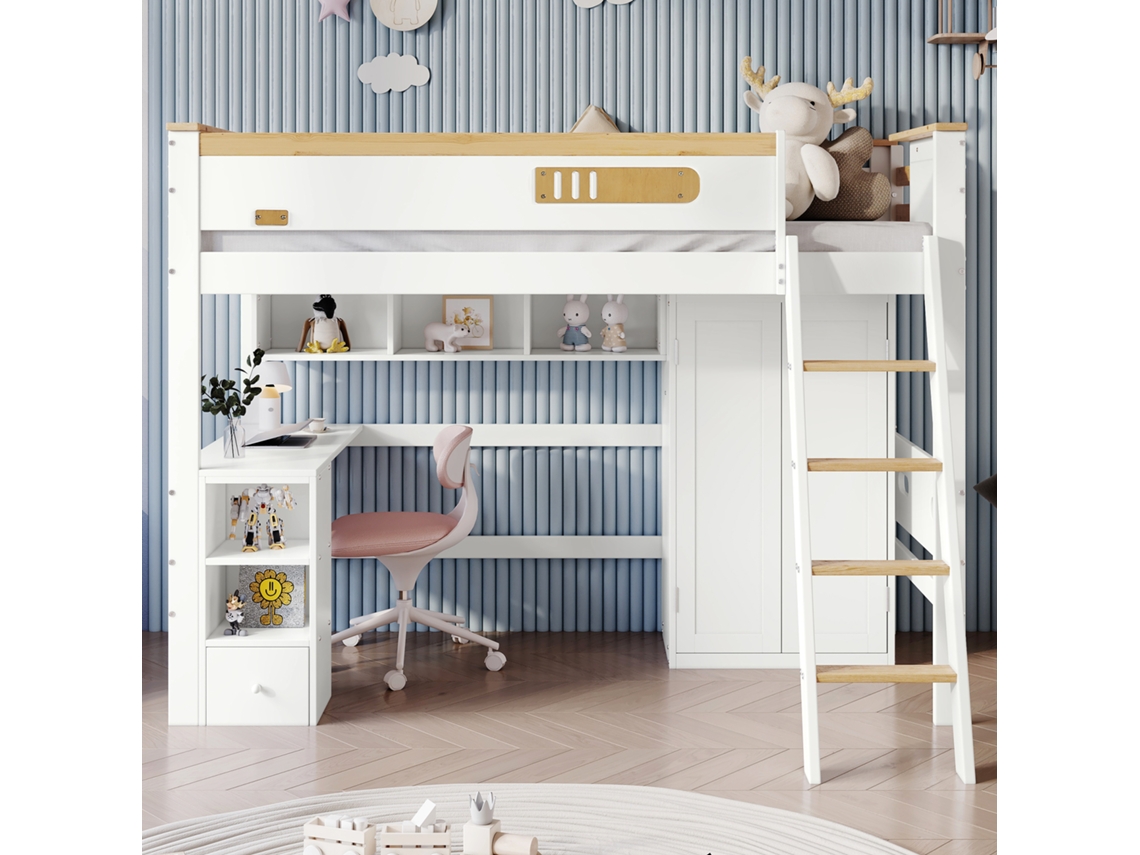 Cama alta de madera de 90x200 cm con estantes, escritorio y armario blanco.