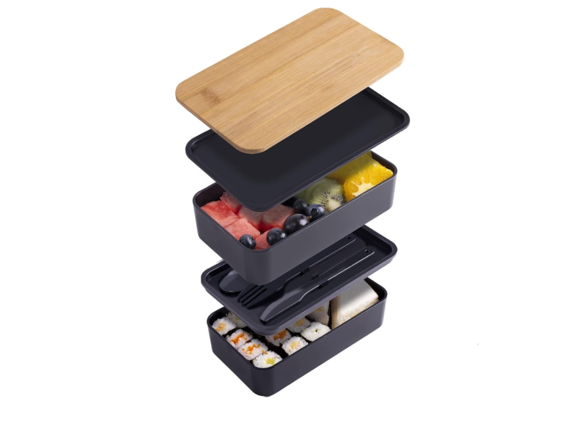 Fiambrera Bento De Bambú Con Separadores Y Cubiertos, Apilable De Doble Capa, Color Negro