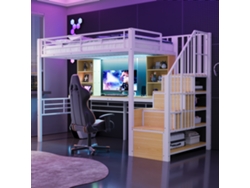 Cama Alta De Hierro De 90x200, Escritorio Con Estantes, Enchufe Led, Escalera Blanca