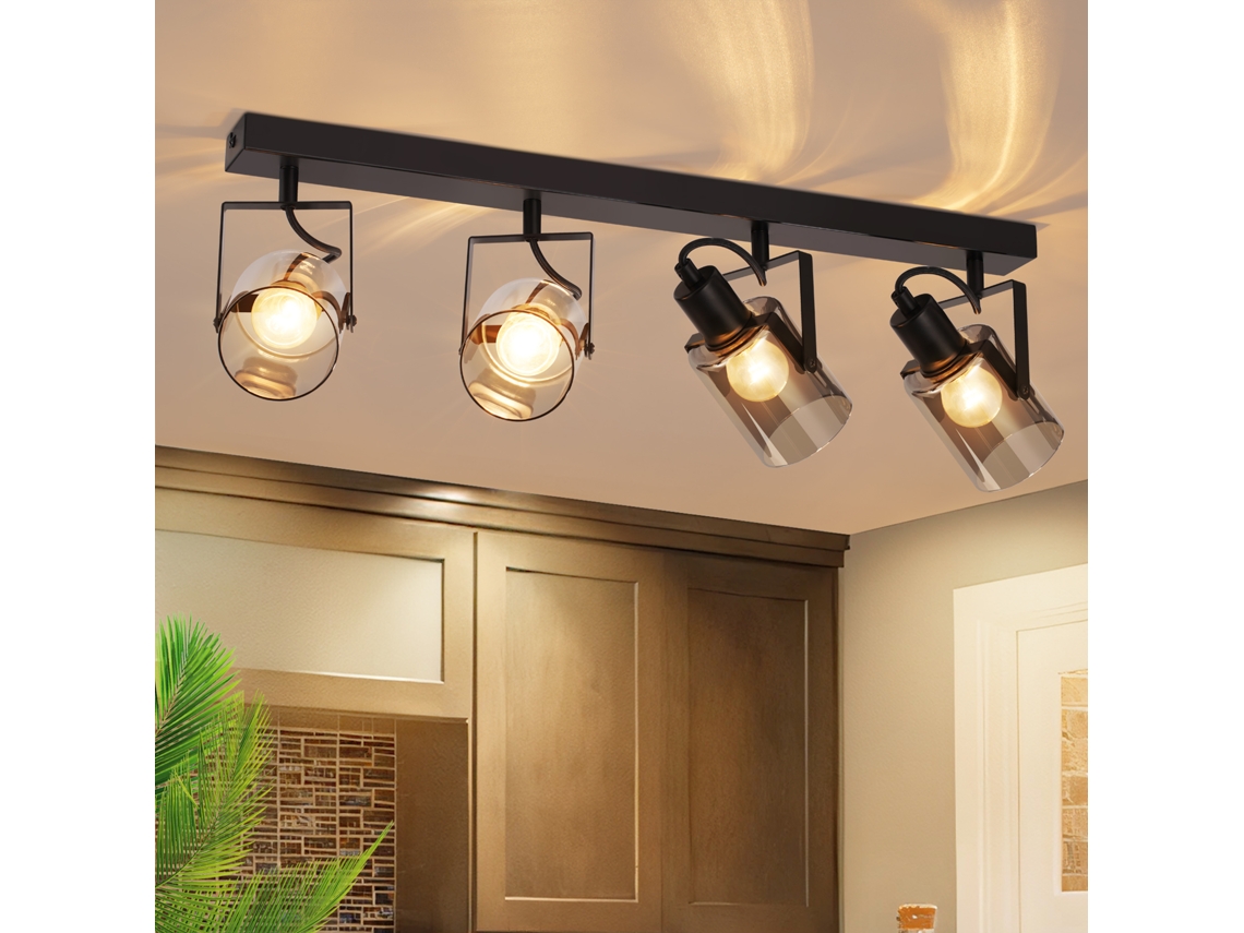 Foco de techo negro de 4 focos, estilo vintage industrial, ajustable a 350°, E14, Nettlife