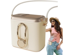 Ventilador de correa (beige) – Tres velocidades, recargable, incluye clip, bolsa de almacenamiento y correa para la muñeca.