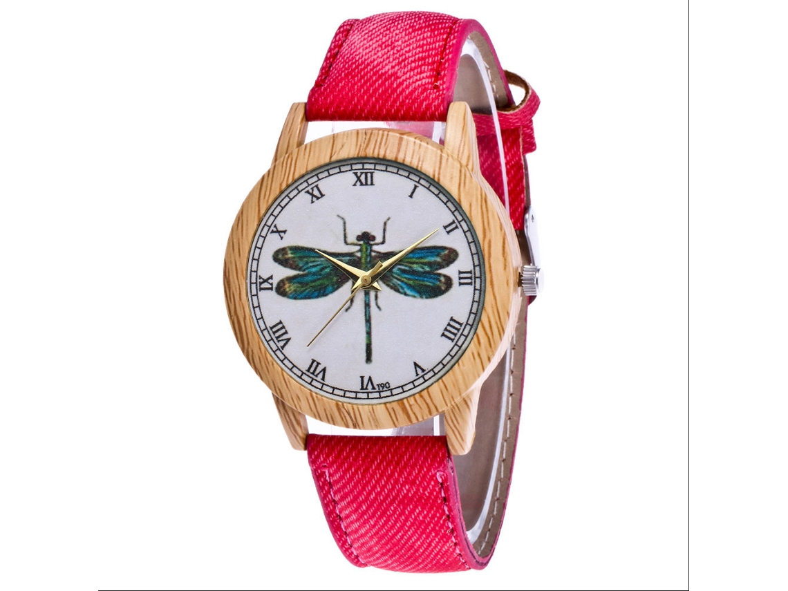 Reloj De Pulsera Para Parejas Con Estampado De Libélulas, De Aleación, Cuarzo Y Lona Roja.
